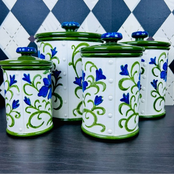 Metlox Poppytrail Blue Floral Canister Set, Green Lids, 4pc Vintage Very Large - Picture 5 of 17